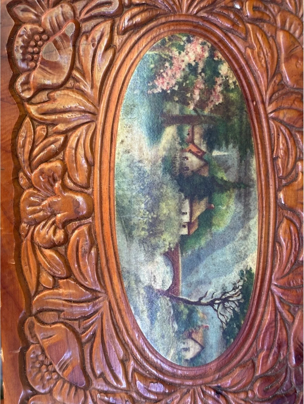 Vintage Carved Wood Jewelry Box, Cottage Scene Print, Footed with Brass Clasp